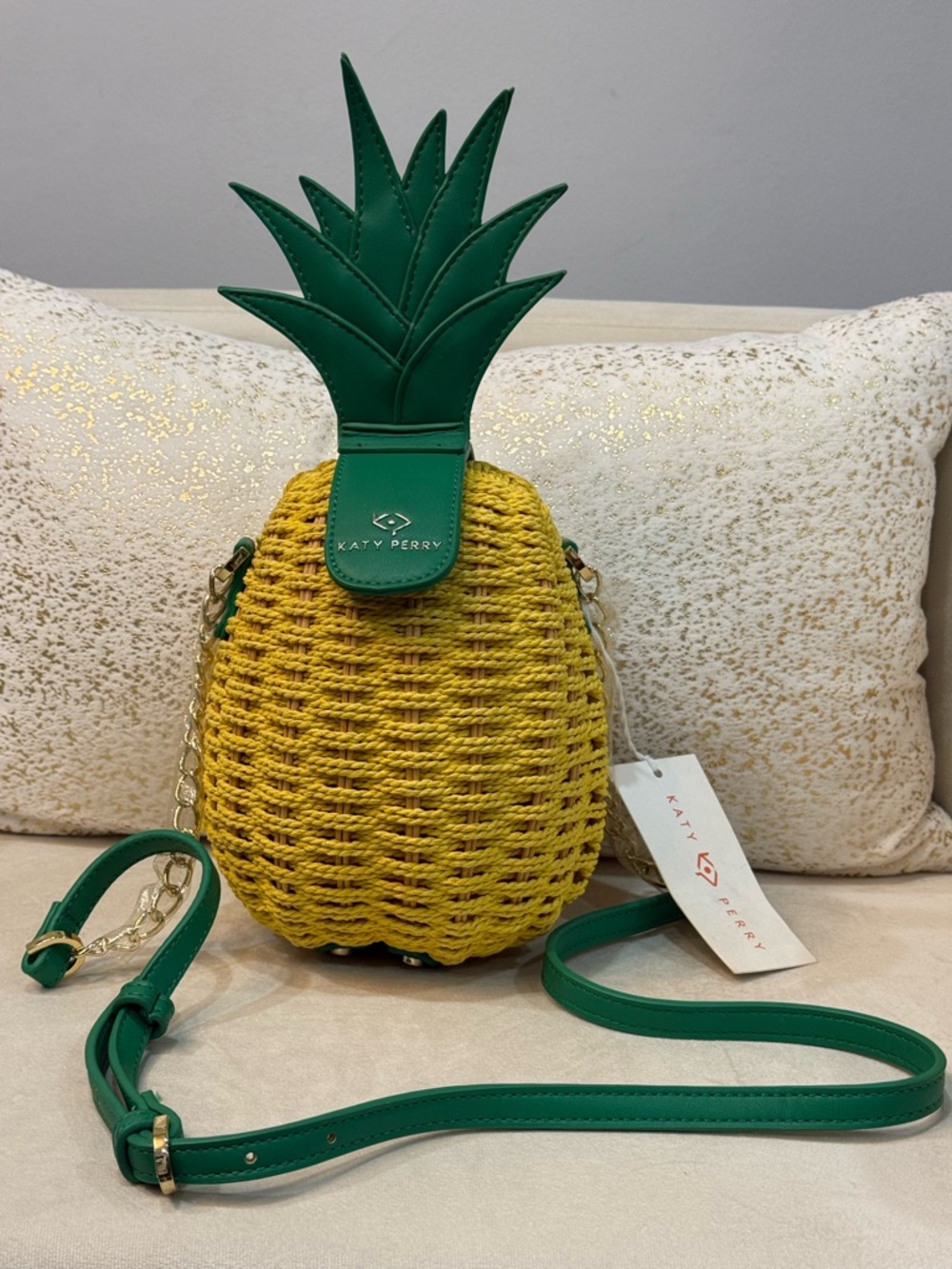 Katy Perry Collections Yellow Woven Pineapple Crossbody with Green Top